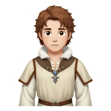 medieval spring outfit worn by a DnD themed fantasy male character. cotton tunic with sleeves rolled to the elbow, featuring a light fur-lined collar for chilly mornings. clothes only above the waist. The clothes full waist. The character's haven't arms. character is white-skinned, chestnut brown hair, amber eyes, shoulder-length messy hair. sticker