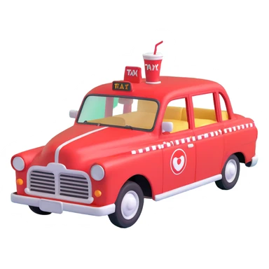 A red taxi cab with a soda fountain on top sticker