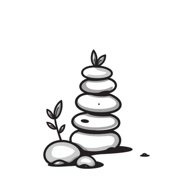 A zen-like balanced stack of smooth stones with a small plant growing beside it, representing balance and stress relief. Simple hand-drawn doodle style. sticker
