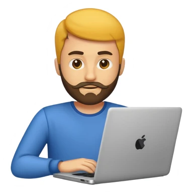 Emoji de un hombre joven con barba corta usando una laptop, estilo emoji moderno y minimalista, colores planos, líneas limpias, expresión amigable, fondo transparente. sticker