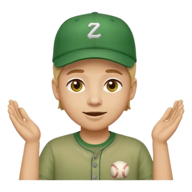 gender neutral person, chest up, wearing a green shirt and a baseball hat, emoji style sticker