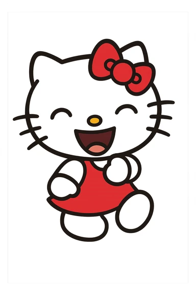 Hello Kitty laughing, cartoon style, white cat, red bow, eyes closed in laughter, mouth open, cheerful, no background sticker