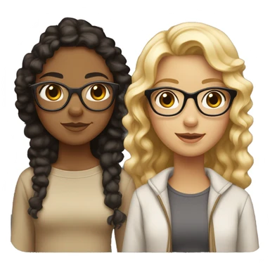 Two Girls both tan but but one with black straight hair and lighter tan and one girls with clear glasses curly brown hair with two blonde pieces in the front with a little darker tan sticker