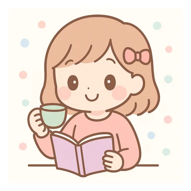 girl reading a book and sipping tea, cute and cheerful sticker
