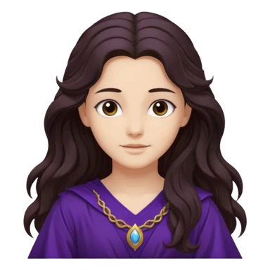 Libera from Olympus Gods with long dark brown wavy hair, deep purple tunic sticker