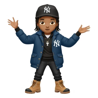 African American boy with short black dreadlocks wearing a black New York Yankees logo baseball cap wearing a black bubble winter coat wearing denim skinny jeans and timberland boots with hands pointing out sticker