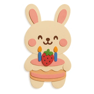 Make the bunny smile cutely, add a sweet and cheerful expression, keep the big strawberry birthday cake with candles sticker