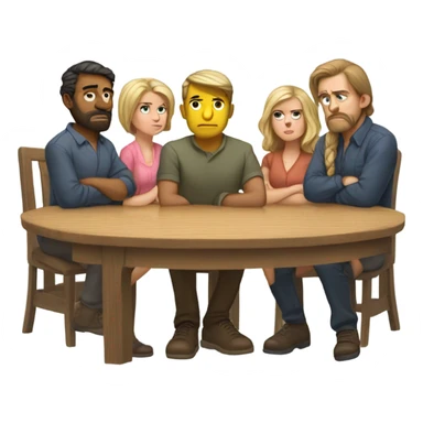 6 Caucasian people sitting around a table looking unhappy sticker