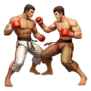 An icon showing two fighters in an intense battle, inspired by Tekken. The design features dynamic poses with powerful punches and kicks, surrounded by a vibrant, action-packed background. The characters are detailed, with glowing effects highlighting their strength. Transparent background. sticker