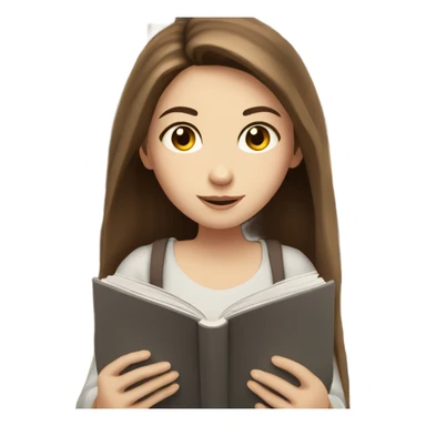 White girl with long brown hair and grey eyes reading a book sticker