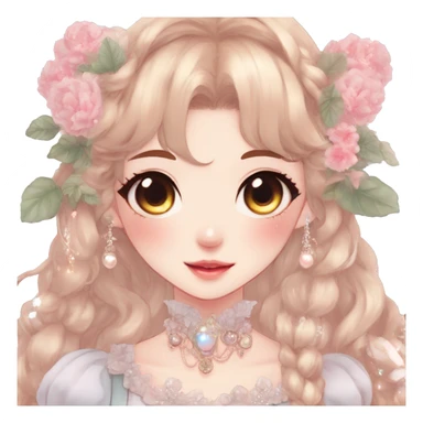 Gorgeous anime style lady with blushing face and accessories cottagecore fairycore Kawaii anime colorful pearly romantic aesthetic trending style sticker
