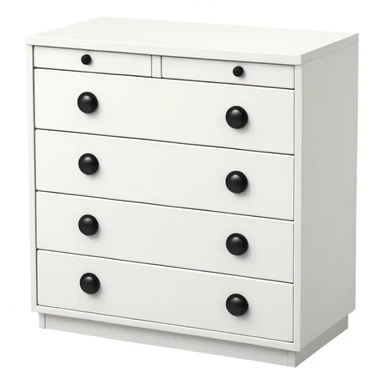 Minimalist white 6-drawer chest, one black knob per drawer, IKEA-like functionality sticker