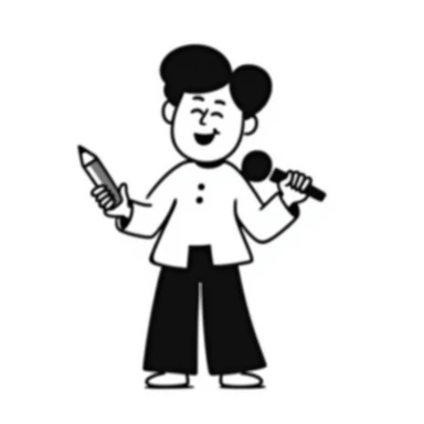 joyful singer with big smile holding a microphone in left hand and pencil in right hand sticker