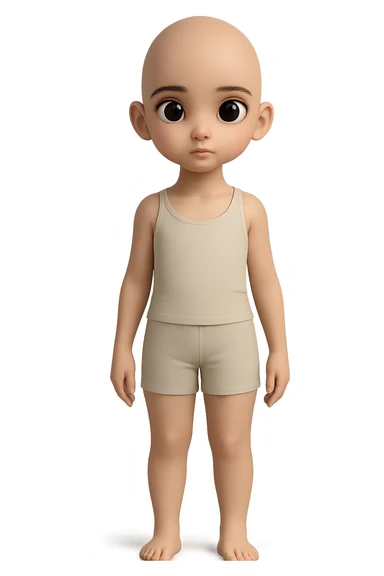 Remove all hair from the character, making them completely bald. Keep everything else the same including shorts, tank top, pose, and style. Maintain transparent background. sticker