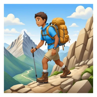 person hiking down one mountain and up another mountain sticker