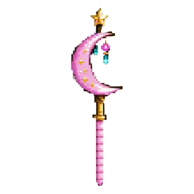 Sailor Moon's Moon Stick, a pink wand with a golden crescent moon on top and a magical pink crystal sticker