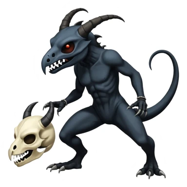 Shiny Dark Edgy  Duskull-Salandit-Inteleon-Amaura-Fakémon-hybrid-creature (full body) with a horned animal-skull-mask sticker