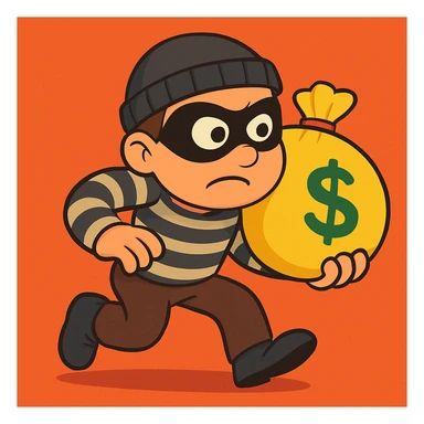 Add a bag of money to the cute thief character, preserving the same flat toon style with vibrant colors and clear details consistent with the original image. sticker