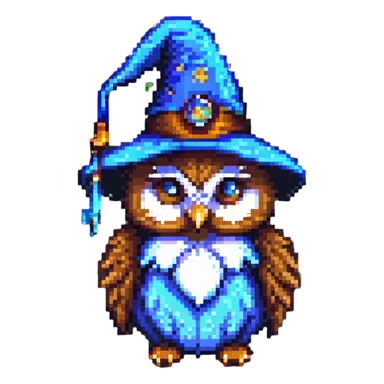 pixel art owl with a wizard hat sticker