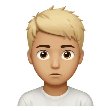 caramel skin color. Teen age. Short buzz, messy blonde hair, dark brown bushy eyebrows large expressive golden-brown eyes, brown skin color, scar over nose, wearing a plain white t-shirt. 20 year old male. thinking facial expression. caramel skin color.  sticker