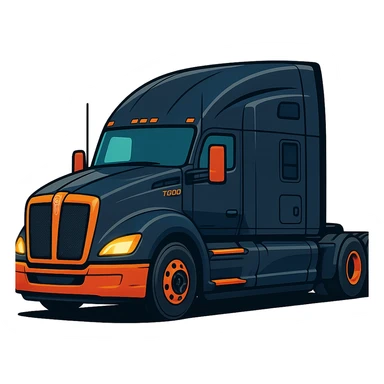 2026 Black Kenworth T680 Sleeper semi truck, side view, headlights on, stylized illustration, no background sticker