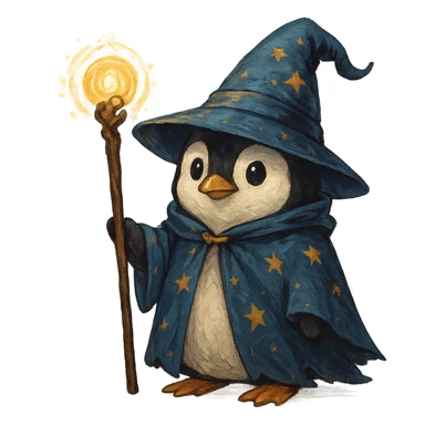 penguin wizard, magical staff, wearing a wizard hat sticker