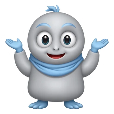 No head..it has 1 eye....stands upright ...wears clothing. is light grey and light blue..looks happy and cuddly... doesnt have a full head.... there is a appendage coming out of top of body with a single large eye sticker