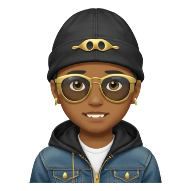 un emoji de un chico emcapuchado, con gorro kalenji, dientes de oro, com uma jaqueta denim tears preta e uns oculos da oakley sticker