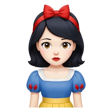 ultra simplified Snow White, blue top with yellow skirt, black hair with red headband, very minimal details, slightly zoomed out sticker