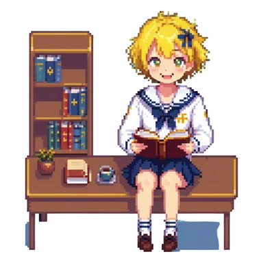 Pixel art anime girl with short bright yellow hair wearing Japanese sailor style school uniform, sitting at desk reading book but with excited smile, energetic studying pose sticker