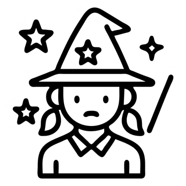 Add witchy details to this minimal outlined girly enforcer icon: a witch hat, stars, or a wand, keeping it clean and outlined with no background. sticker