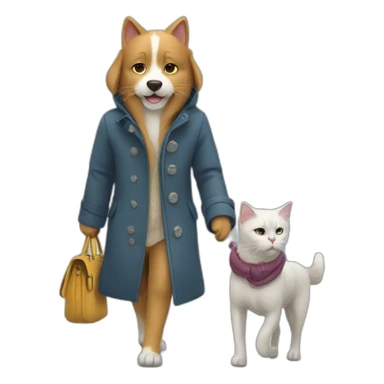 cat In a coat and dog in a coat walking together In park sticker