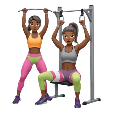 Mujer en gimnasio, peruana con coleta top corto gris y pantalón gris. Haciendo jalón al pecho  sticker