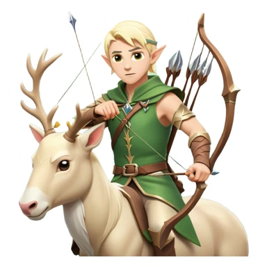 clash-of-clans-aesthetic-blond-male elf-archer-portrait-emoji, rendered in a flat, vector-style with minimal shading and bold holding his bow, simplified shapes, head tilted slightly forward with a determined, focused expression, riding a majestic white stag whose antlers glow with mystical energy, set against an ancient, enchanted forest backdrop. sticker