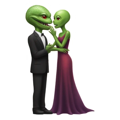 White man in black dress hugs and kissing Alien reptilian woman in red dress  sticker