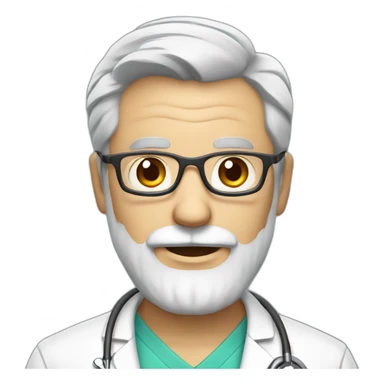 DOCTOR WITH WRINKLES, MAN, FULL GREY BEARD, GREY AND WHITE SHORT HAIR, RED GLASSES, holding a protein sticker