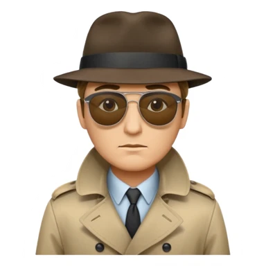 spy wearing sunglasses, a fedora and trench coat.  He is looking menacingly ahead.  sticker