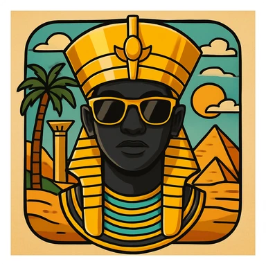 Add an Egyptian background behind the pharaoh with sunglasses and black skin, maintaining the sticker style look. sticker