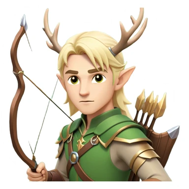 clash-of-clans-aesthetic-blond-male elf-archer-portrait-emoji, rendered in a flat, vector-style with minimal shading and bold holding his bow, simplified shapes, head tilted slightly forward with a determined, focused expression, riding a majestic stag whose antlers glow with mystical energy, set against an ancient, enchanted forest backdrop. sticker