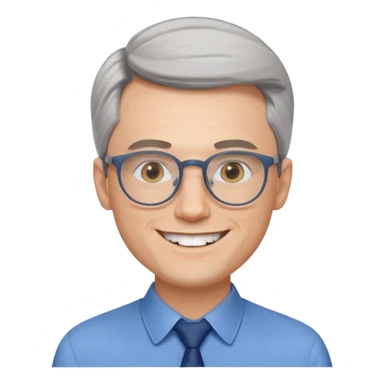 30 yr old pale white man, grey side swept hair, round glasses, big smile, white teeth, handsome, longer hair, thin glasses, blue dress shirt, no tie, stylish hair sticker