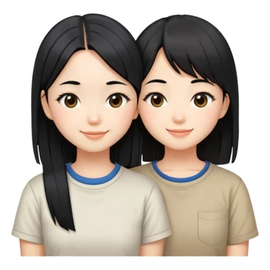 Two cute Japanese girls with straight black hair wearing modern Western clothes like t-shirts, faces pressed together cheek to cheek, smiling happily sticker