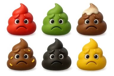 emoji stile iphone 3d di una cacca di colore rosso, una cacca di colore verde, una cacca di colore marrone con muco bianco visibile sopra,  una cacca di colore marrone con penne di pasta a pezzetti visibili all'interno di essa,  una cacca di colore nero e una cacca di colore giallo, tutte le cacche hanno un espressione triste, iperrealistiche 4k sticker
