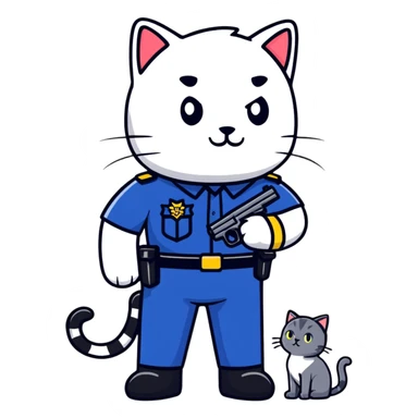 a police officer standing next to a mischievous cat holding a toy gun sticker