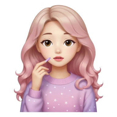 “korean Emoji girl, soft eyeliner, gradient rose lips, light brown shimmer eyeshadow, sparkly aegyo-sal, long wavy hair, cozy pastel sweater.” sticker