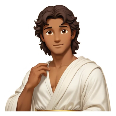 Cinematic Realistic Hercules Portrait, head tilted playfully and inquisitively, showcasing a charming blend of Disney heroic charisma and the refined grace of Michelangelo's David. His sun-kissed bronze skin and thick, wavy dark hair are rendered with classical precision, complementing a warm, inviting smile and sparkling, mischievous eyes. Clad in a softly draped white robe with subtle golden details, he exudes approachable strength under gentle, natural lighting. sticker