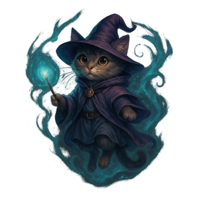 wizard cat floating with a magical aura, magical fantasy style sticker