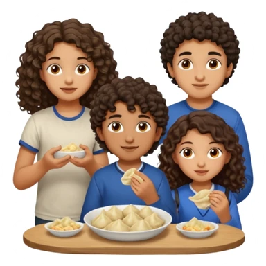 Can you create an emoji of three 23 year olds eating dumplings. One boy with wavy curly hair and one Jewish girl with long dark brown curly hair and one half Indian / half white girl with mid length straight dark brown hair. All brown eyes sticker