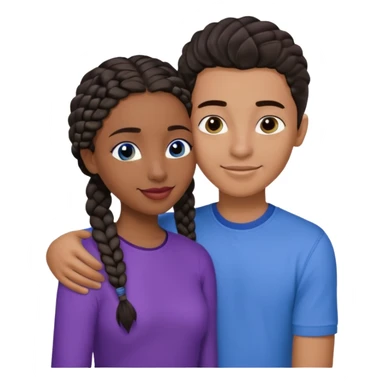 Boyfriend who is middle Easterntan olive skinned with blue eyes and wavy straight brown hair in a blue shirt and his African girlfriend who is very black skinned, juicy lipped with black braided hair and the two are hugging and smiling hugely she’s wearing purple and she has black eyes sticker