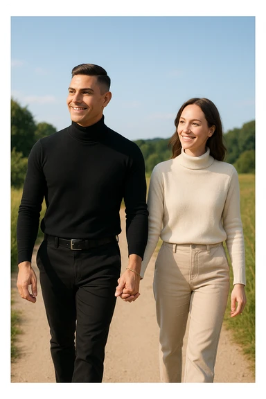 a couple walks together along a path, the man gently leading the way while the woman follows with trust and a smile. Both appear confident and content, symbolizing partnership and mutual respect. The background is a bright, open landscape, evoking a sense of shared journey and harmony. sticker