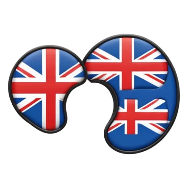 Minimalistic flat vector icon, iOS style, thin black contour on white background. Ear icon with sound waves and small UK/USA flag symbol. Clean, no text, no shadows sticker